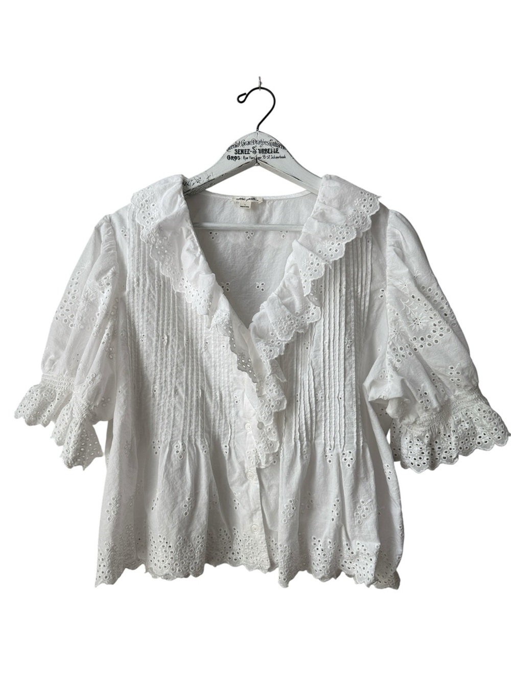 Ultra Pink White Eyelet Ruffle Pintuck Blouse Size L